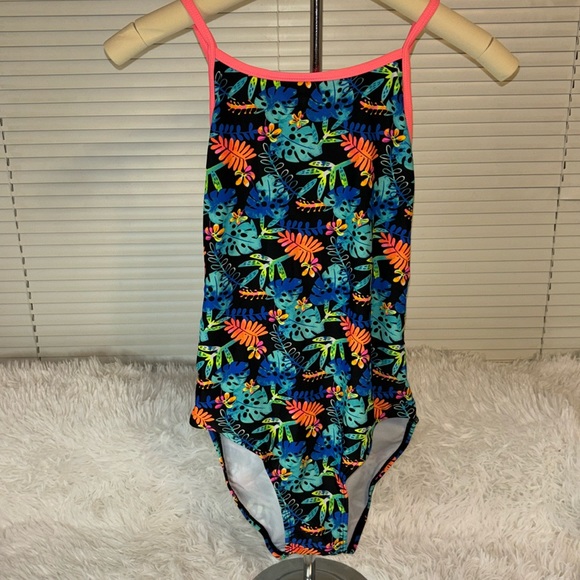 Unbranded Other - Unbranded Girl’s Tropical Neon Monstera Leaf One Piece Swimsuit Size 14